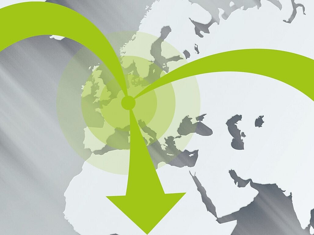 Weltkarte mit drei Pfeilen, die von Baden-Württemberg aus nach Asien, Nordamerika und Afrika zeigen.